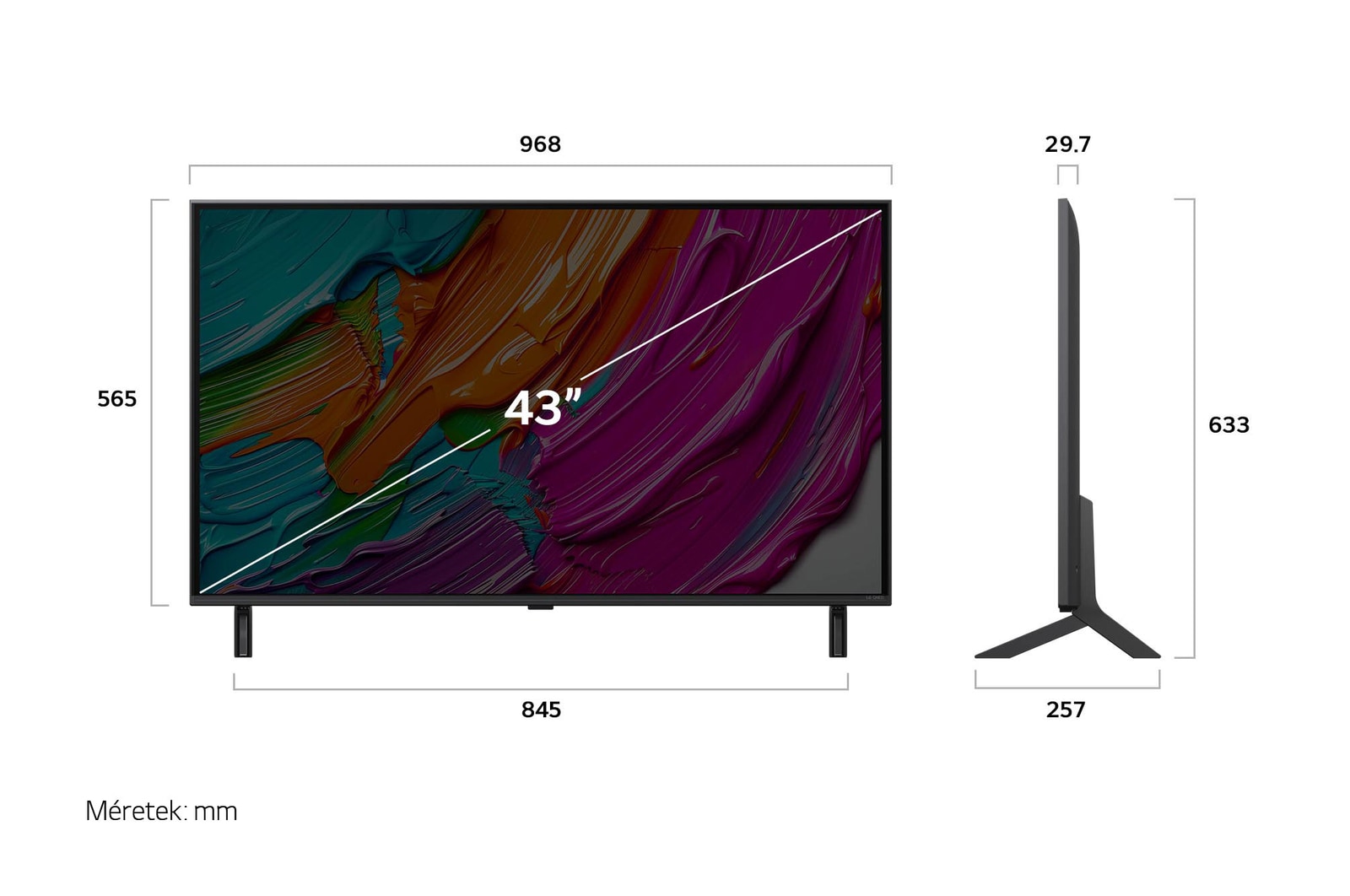 LG QNED8E AI TV méretei mm-ben, képátló colban