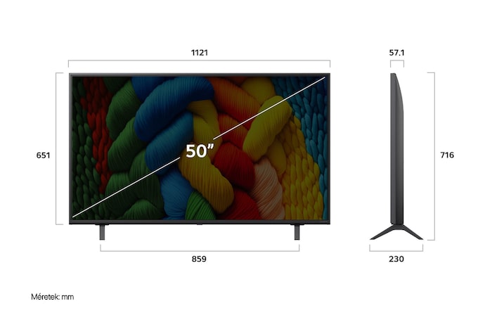 50NANO80A3B méretei mm-ben, képátló colban megadva