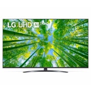 Az LG UHD TV elölnézete kitöltőképpel és terméklogóval