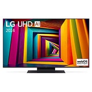 LG UHD TV, UT90 elölnézete az LG UHD AI ThinQ, 2024 szöveggel és a webOS Re:New Program logóval a képernyőn