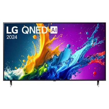 LG QNED TV, QNED80 elölnézete az LG QNED, 2024 szöveggel és a webOS Re:New Program logóval a képernyőn