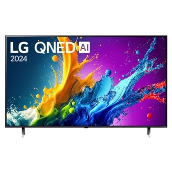 LG QNED TV, QNED80 elölnézete az LG QNED, 2024 szöveggel és a webOS Re:New Program logóval a képernyőn