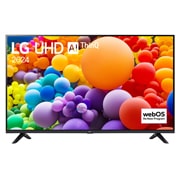 LG UHD TV, UT73 elölnézete az LG UHD AI ThinQ, 2024 szöveggel és a webOS Re:New Program logóval a képernyőn