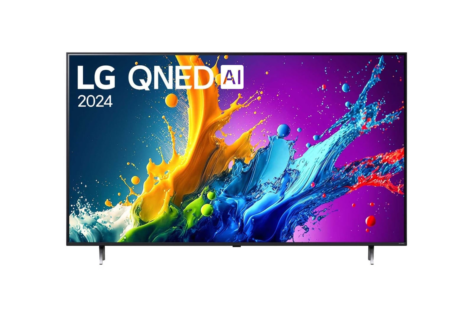 LG QNED TV, QNED80 elölnézete az LG QNED, 2024 szöveggel és a webOS Re:New Program logóval a képernyőn