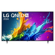 LG QNED TV, QNED80 elölnézete az LG QNED, 2024 szöveggel és a webOS Re:New Program logóval a képernyőn
