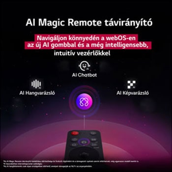 AI Magic Remote az előtérben. Az AI gomb ikon kiemelve. A háttérben az LG webOS felhasználói felület. Az egérkurzor jelzi, hogy a távirányító használatban van. A szöveg elmagyarázza, a távirányító funkciói és vezérlése hogyan könnyiti meg a webOS navigációját. 