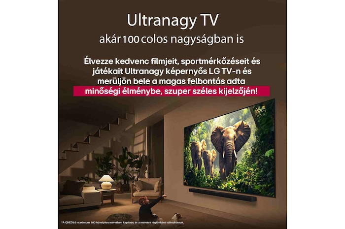 Egy lány és egy kutya ülnek egy LG Soundbar feletti falra szerelt LG QNED TV előtt, amelyen három, kifelé sétáló elefánt látható. A cím arról szól, minden mozzanat mennyivel izgalmasabb egy masszív képernyőn.