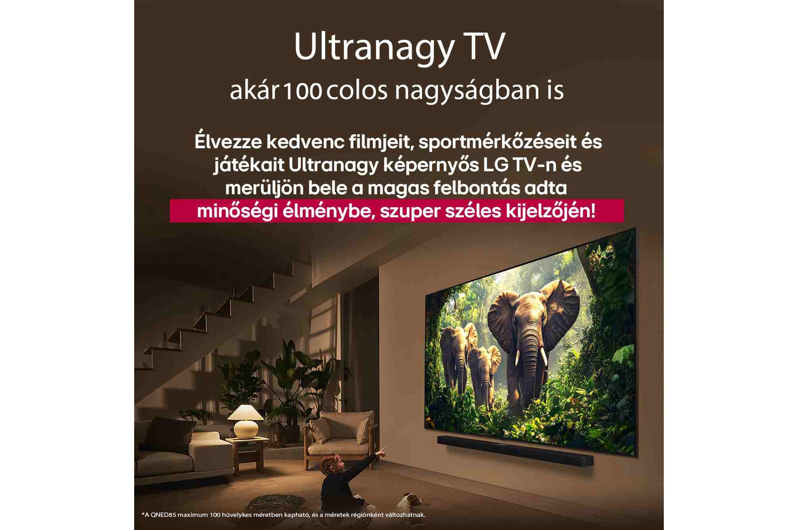 Egy lány és egy kutya ülnek egy LG Soundbar feletti falra szerelt LG QNED TV előtt, amelyen három, kifelé sétáló elefánt látható. A cím arról szól, minden mozzanat mennyivel izgalmasabb egy masszív képernyőn.