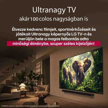 Egy lány és egy kutya ülnek egy LG Soundbar feletti falra szerelt LG QNED TV előtt, amelyen három, kifelé sétáló elefánt látható. A cím arról szól, minden mozzanat mennyivel izgalmasabb egy masszív képernyőn.