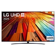 LG UHD TV, UT80 elölnézete, az LG UHD AI ThinQ és 2024 szöveggel a képernyőn