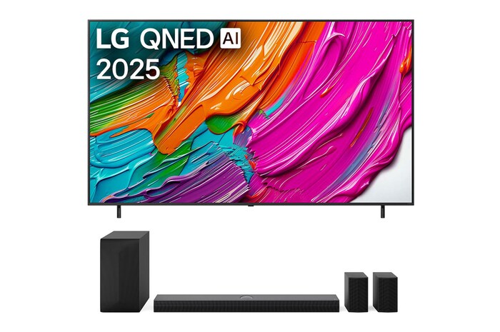 86 colos LG QNED AI QNED8E 4K Smart TV + S70TR LG Home Theater Soundbar Dolby Atmos hátsó hangszórókkal 5.1.1 csatornával