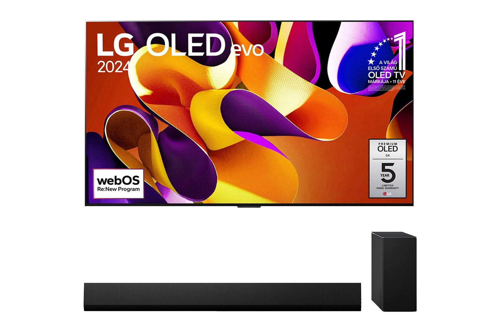 A(z) 55 colos LG OLED evo G4 4K Smart TV 2024 &#43; SG10TY Dolby Atmos 3.1 csatornás hangprojektor BOLED55G4LW elölnézete