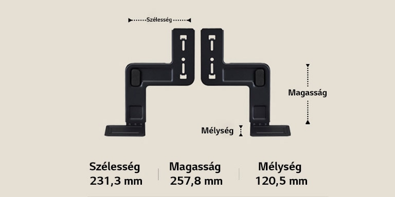 A WOW Bracket két komponense felfelé állítva, bézs színű háttéren. A szélességet, magasságot és mélységet nyilakkal jelöljük és jelenítjük meg. Alul a következő adatok találhatók: Szélesség 231,3 mm, magasság 257,8 mm, mélység 120,5 mm.