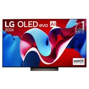 LG OLED evo AI TV, OLED C4 elölnézete, 11 Years of world number 1 OLED embléma és webOS Re:New Program logó a képernyőn