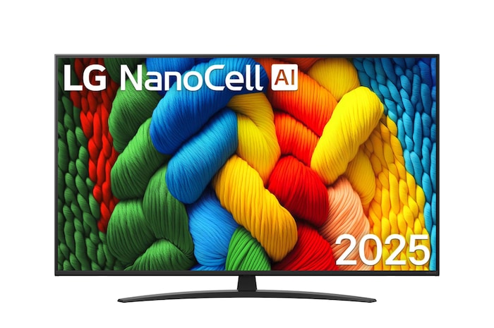 NANO81 elülső nézet NanoCell TV készülékről, LG NanoCell Al Logo a felső sarokban.