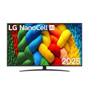 NANO81 elülső nézet NanoCell TV készülékről, LG NanoCell Al Logo a felső sarokban.