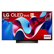 LG OLED evo AI TV, OLED C4 elölnézete, 11 Years of world number 1 OLED embléma és webOS Re:New Program logó a képernyőn