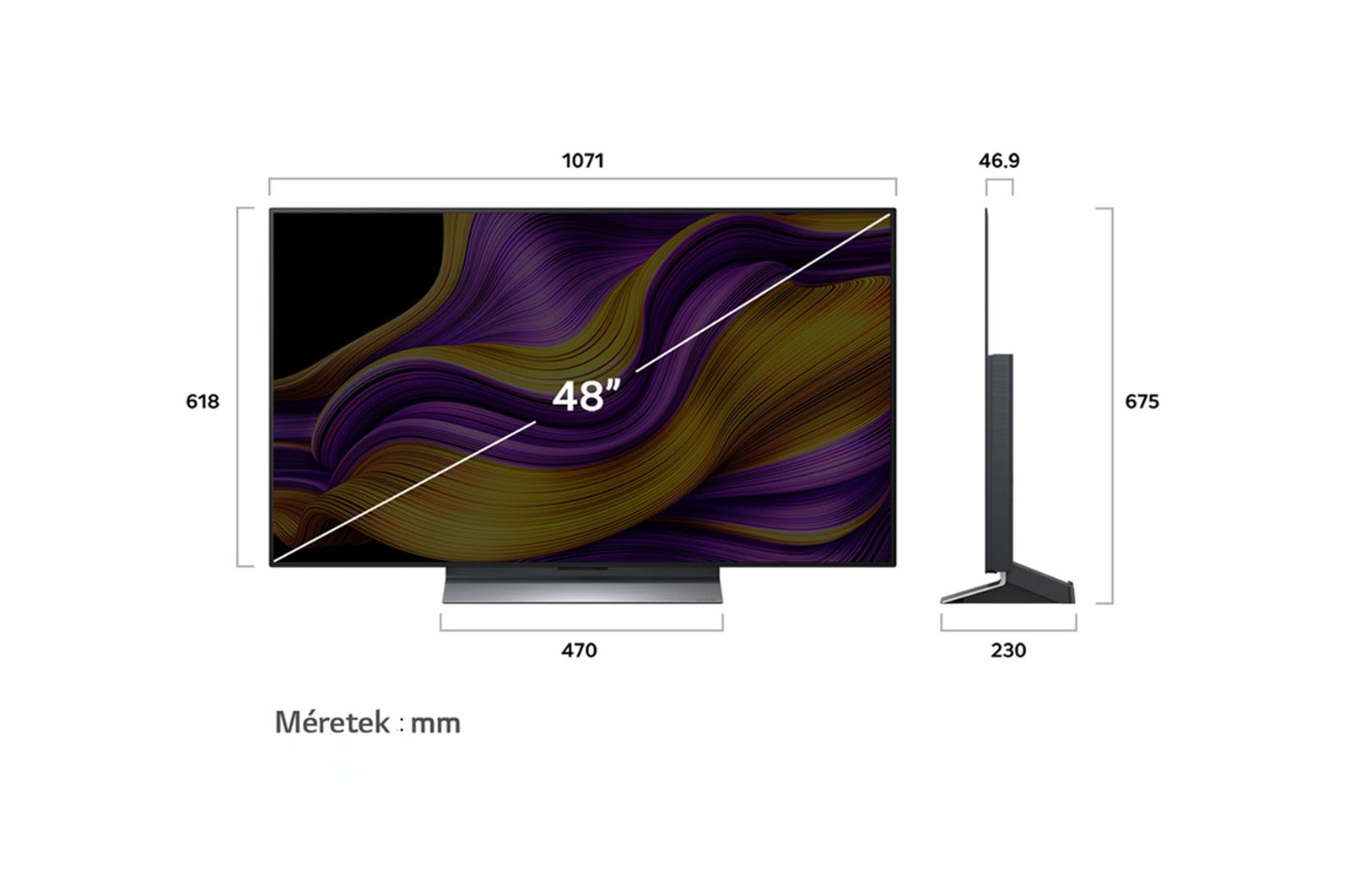OLED48G53LS méretei mm-ben