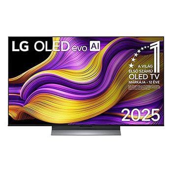OLED48G53LS elölnézet 12 éve világelső OLED embléma és LG OLED evo AI 2025 logó látható