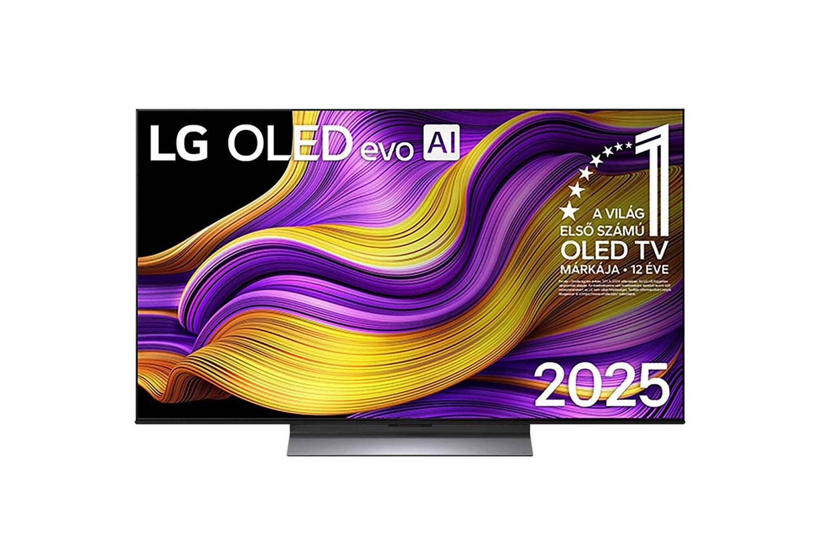 OLED48G53LS elölnézet 12 éve világelső OLED embléma és LG OLED evo AI 2025 logó látható