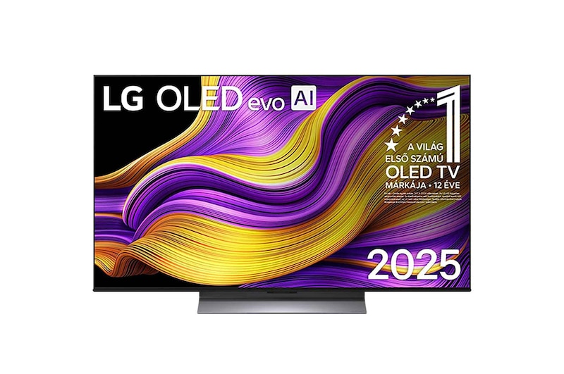 OLED48G53LS elölnézet 12 éve világelső OLED embléma és LG OLED evo AI 2025 logó látható