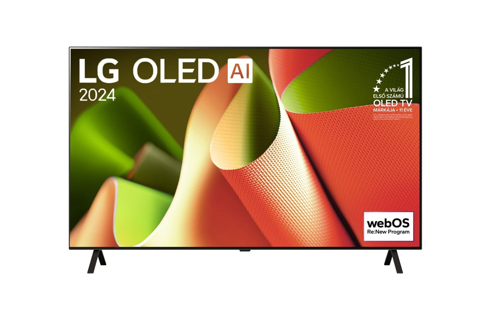 LG OLED TV, OLED AI B4 elölnézet, 11 Years of world number 1 OLED embléma és webOS Re:New Program logó látható a képernyőn, kétoszlopos állvánnyal