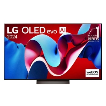 LG OLED evo AI TV, OLED C4 elölnézete, 11 Years of world number 1 OLED embléma logó és webOS Re:New Program logó a képernyőn