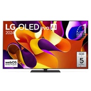 Elölnézet: LG OLED evo AI TV, OLED G4, 11 Years of world number 1 OLED embléma, webOS Re:New Program logó és 5-Year Panel Warranty logó a képernyőn