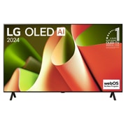 LG OLED TV, OLED AI B4 elölnézet, 11 Years of world number 1 OLED embléma és webOS Re:New Program logó látható a képernyőn, kétoszlopos állvánnyal