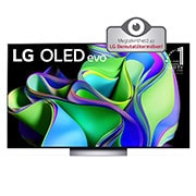 LG OLED evo elölnézetben, a képernyőjén a „11 Years World's No. 1 OLED” (11 éve a világ első számú OLED-je) embléma, alatta pedig egy hangprojektor. 