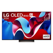 LG OLED evo AI TV, OLED C4 elölnézete, 11 Years of world number 1 OLED embléma és webOS Re:New Program logó a képernyőn