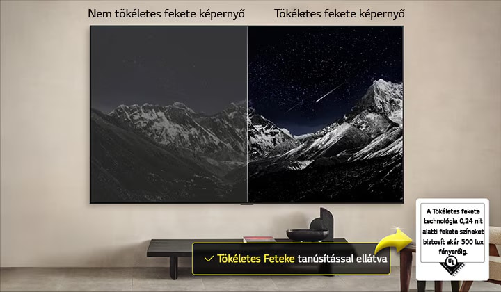 Nappali, falra szerelt LG OLED TV-vel. A TV-n egy hegyvonulat látható, sötét esti égbolttal, tele csillagokkal. A jelenet félbevágva látható. Az egyik oldalon egy tompább, szürkébb verziója látható a tájnak, melynek felirata: "Non Perfect Black kijelző". A másik oldalon egy kellemesebb kép látható, nagyobb dinamikatartománnyal a fekete és fehér színek között, melynek felirata: "Perfect Black kijelző". A logó tanúsítvány is látható, amely szerint a Perfect Black Technology a fekete szinteket 0,24 nit vagy annál kevesebb értékre képes csökkenteni, akár 500 lux fényerő mellett. Egy szövegbuborék is látható, amely így szól: "Ellenőrizze a Perfect Black tanúsítvány jelölést".