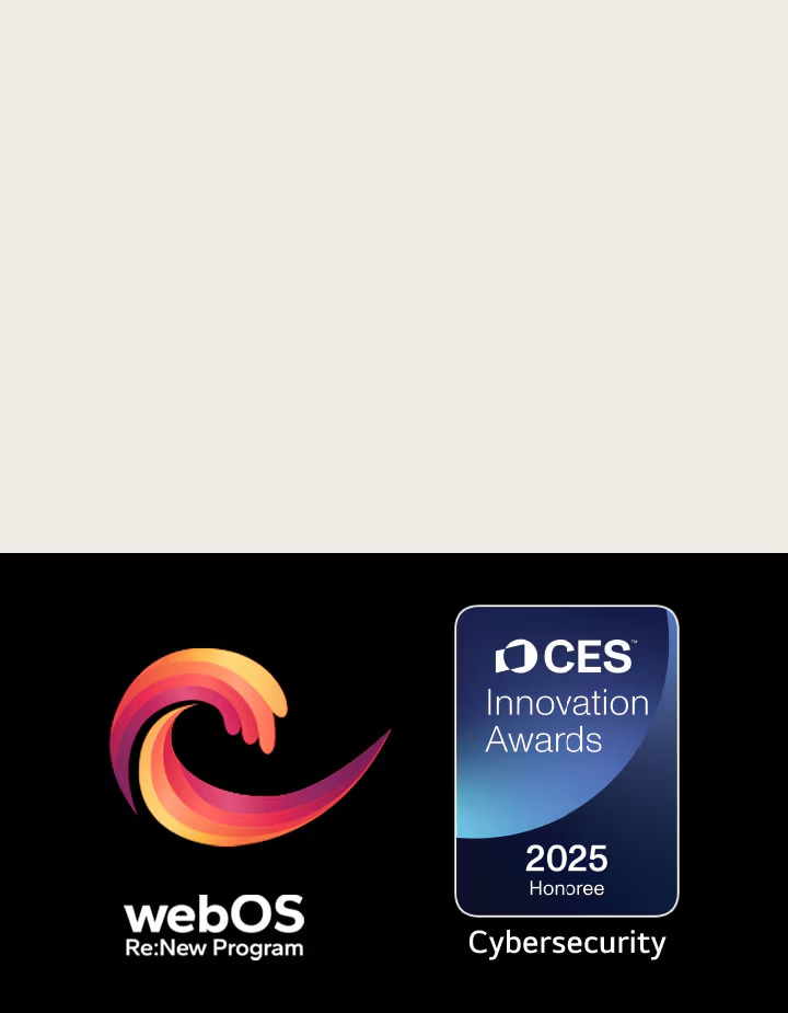 A webOS Re:New Program logója és neve, mellette a CES Innovation Awards 2025 Honoree kitüntetés jelvénye.