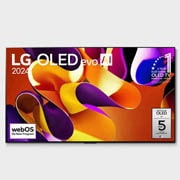 Elölnézet: LG OLED evo AI TV, OLED G4, 11 Years of world number 1 OLED embléma, webOS Re:New Program logó és 5-Year Panel Warranty logó a képernyőn