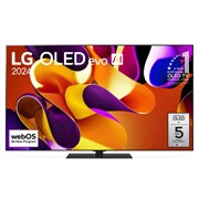 Elölnézet: LG OLED evo AI TV, OLED G4, 11 Years of world number 1 OLED embléma, webOS Re:New Program logó és 5-Year Panel Warranty logó a képernyőn, valamint a Soundbar alatta