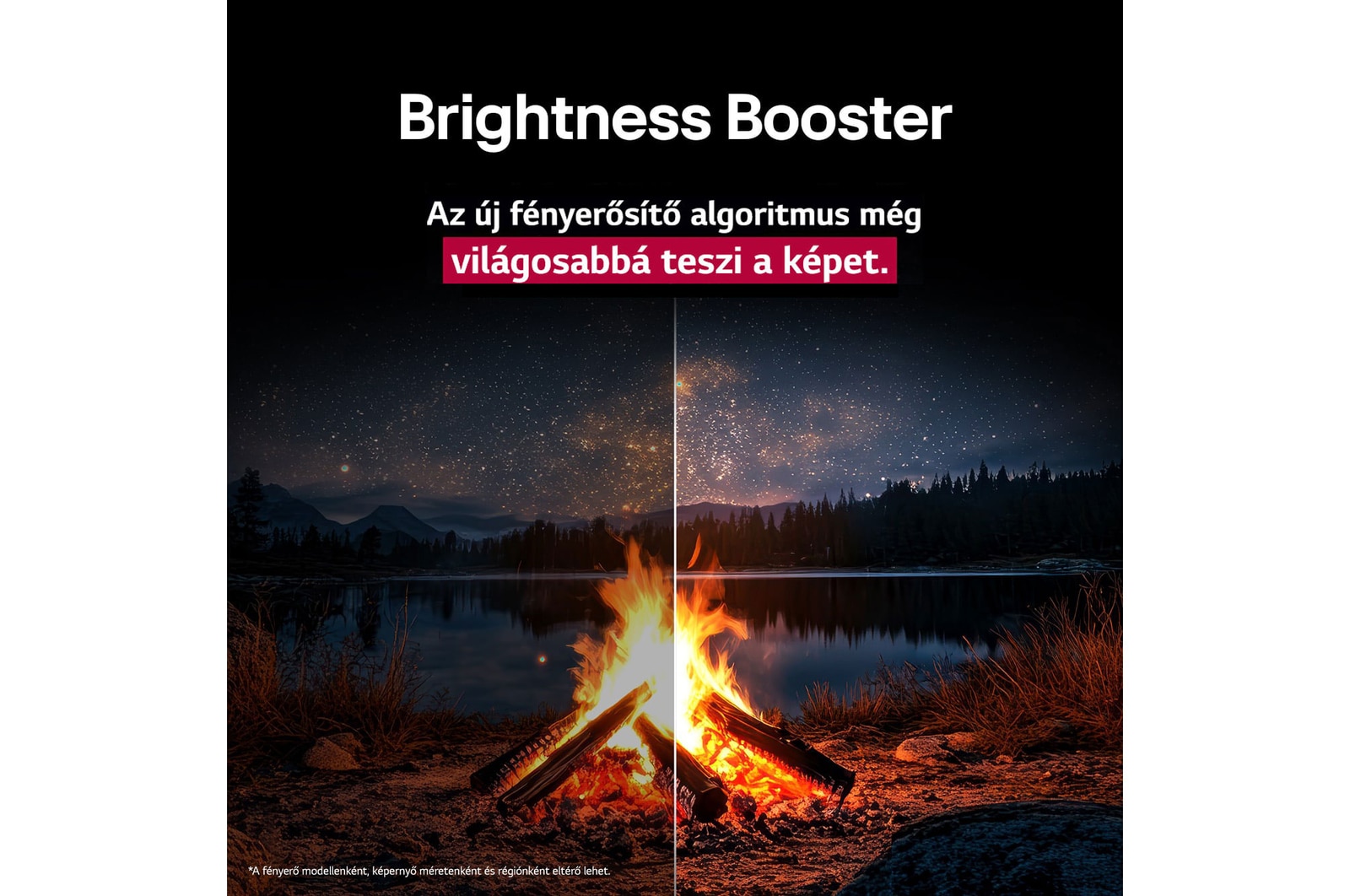 Campfire at night in the middle of nature. In the distance is a forest and lake. The evening sky is filled with stars. The whole scene is split in half. One side is darker and duller. The other half is remarkably brighter, showcasing the impressive brilliance from Brightness Booster. 