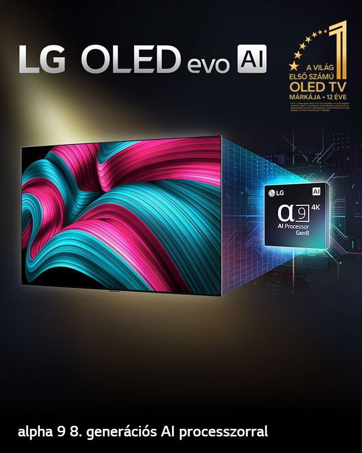 Egy LG OLED evo AI TV képernyőjén egy absztrakt kép látható lenyűgöző részletességgel, színekkel és kontraszttal. A TV mögött a 8. generációs α9 AI Processzor felnagyított verziója tűnik fel, fényesen ragyogva, megvilágítva a környező mikrochip áramköröket. A cím: LG OLED evo AI. Továbbá a szöveg is olvasható:alpha 9 8. generációs AI processzorral. A sarokban egy arany logó csillagokkal, amely ezt hirdeti: A világ első számú OLED TV-je 12 éve.