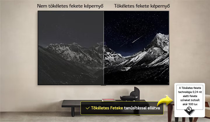 Nappali, falra szerelt LG OLED TV készülékkel. A TV-n egy hegyláncolat látható a csillagokkal teli, sötét, esti égbolt előtt. A jelenet ketté van osztva. Az egyik oldal egy fakóbb, szürkébb változatát mutatja a tájnak, Nem Tökéletes Fekete megjelenítés felirattal. A másik oldalon egy sokkal tetszetősebb kép látható, nagyobb fekete-fehér dinamika tartománnyal. Ennek a felirata: Tökéletes Fekete megjelenítés. A tanúsítvány logó is látható; A Perfect Black Technology fekete megjelenítése kisebb vagy egyenlő, mint 0,24 nit, 500 lux értékig. Egy szövegbuborék van mellette, amin ez olvasható: „Ellenőrizze a Perfect Black technológia tanúsító védjegyet”.