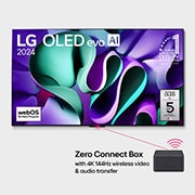 Elölnézet: LG OLED M4 az állványán, alatta a Zero Connect Box, a képernyőn 11 Years of world number 1 OLED embléma, webOS Re:New Program logó és 5-Year Panel Warranty logó