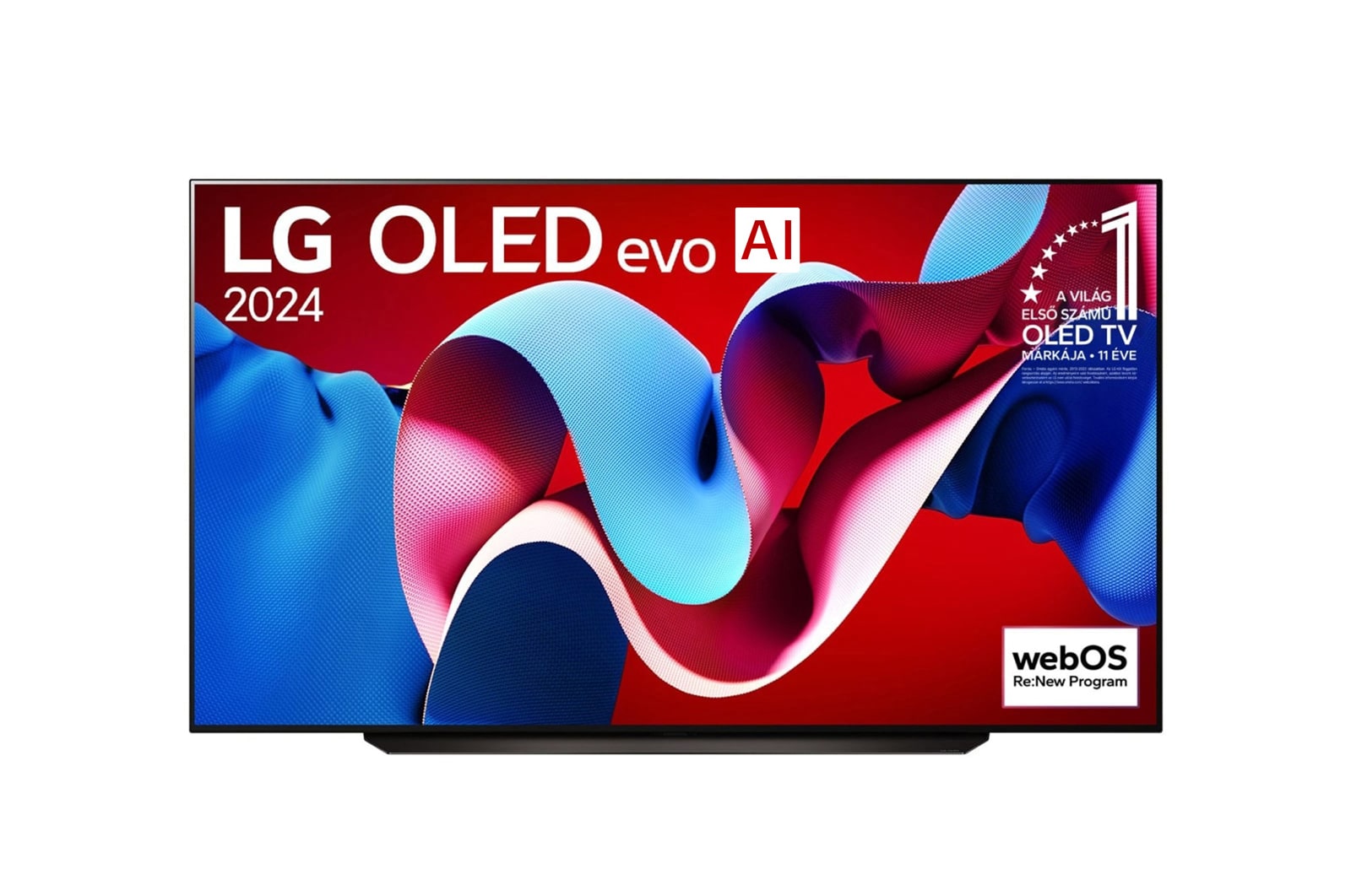 LG OLED evo AI TV, OLED C4 elölnézete, 11 Years of world number 1 OLED embléma és webOS Re:New Program logó a képernyőn