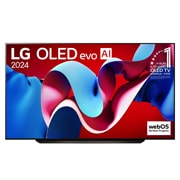 LG OLED evo AI TV, OLED C4 elölnézete, 11 Years of world number 1 OLED embléma és webOS Re:New Program logó a képernyőn