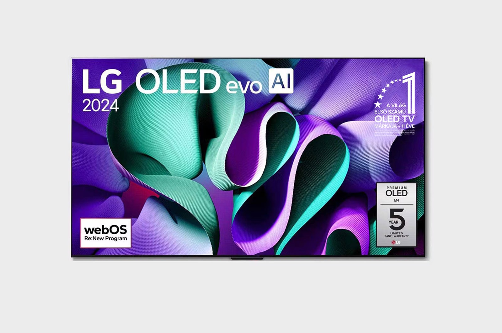 Elölnézet: LG OLED M4 az állványán, alatta a Zero Connect Box, a képernyőn 11 Years of world number 1 OLED embléma, webOS Re:New Program logó és 5-Year Panel Warranty logó