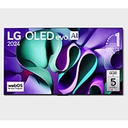 Elölnézet: LG OLED M4 az állványán, alatta a Zero Connect Box, a képernyőn 11 Years of world number 1 OLED embléma, webOS Re:New Program logó és 5-Year Panel Warranty logó