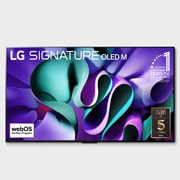 Elölnézet: LG OLED M4 az állványán, alatta a Zero Connect Box, a képernyőn 11 Years of world number 1 OLED embléma, webOS Re:New Program logó és 5-Year Panel Warranty logó