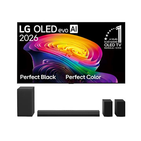 Front view of 42 colos LG OLED evo AI C6 4K Smart TV 2026 + LG Home Theater Soundbar Térhatású hátsó hangszórókkal 4.1 csatornával OLED42C6ELB.S40T001