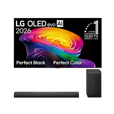 Front view of 48 colos LG OLED AI C6 4K Smart TV 2026 + LG Soundbar TV-hez Dolby Atmos 3.1.1 csatornával OLED48C61LA.S70T001
