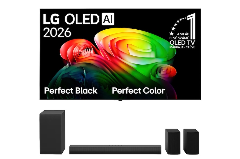 Front view of 55 colos LG OLED AI B6E 4K Smart TV 2026 + LG Home Theater Soundbar Térhatású hátsó hangszórókkal 4.1 csatornával OLED55B6ELC.S40T001