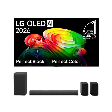 Front view of 55 colos LG OLED AI B6E 4K Smart TV 2026 + LG Home Theater Soundbar Térhatású hátsó hangszórókkal 4.1 csatornával OLED55B6ELC.S40T001