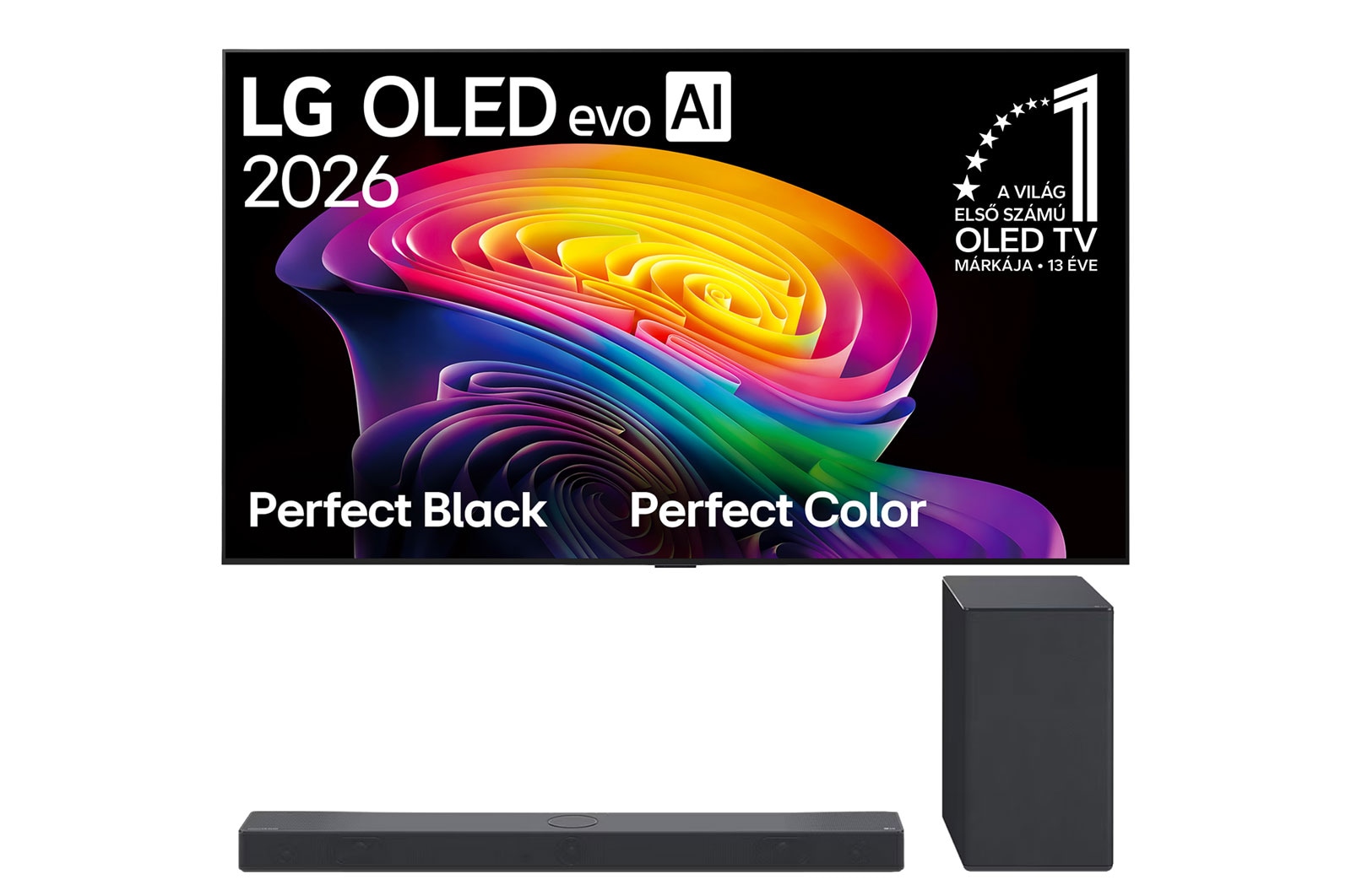 Front view of 55 colos LG OLED evo AI C6E 4K Smart TV 2026 + 3.1.3 Dolby Atmos soundbar OLED55C6ELB.SC9S001