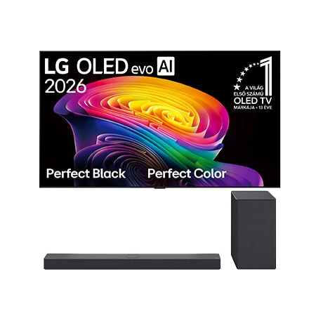 Front view of 55 colos LG OLED evo AI C6E 4K Smart TV 2026 + 3.1.3 Dolby Atmos soundbar OLED55C6ELB.SC9S001
